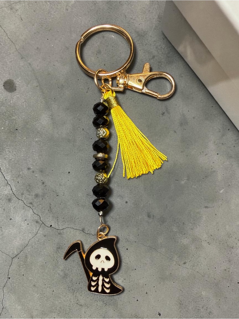 Grim Reaper Bag Charm / Keychain with Yellow Tassel and Gold-tone Hardware